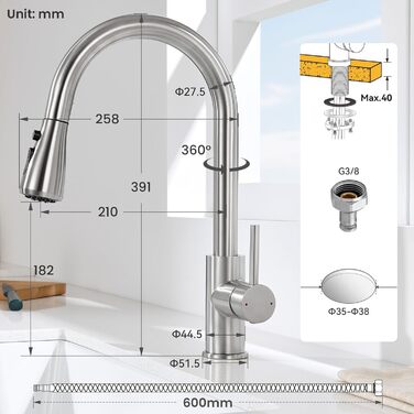 Кран кухонний CECIPA з 3 режимами, висувна лійка, поворотний на 360°, з високим виливом, нержавіюча сталь, з однією ручкою