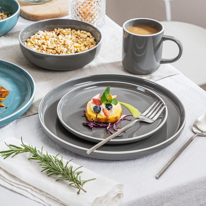 Набір посуду Vancasso SESAM Serie (16 предметів) – керамічний сервіз для 4-12 осіб, скандинавський дизайн (темно-сірий, сірий, блакитний, зелений)