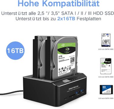 Док-станція для жорстких дисків RSHTECH з двома відсіками, USB 3.0, алюміній, підтримка 2.5/3.5