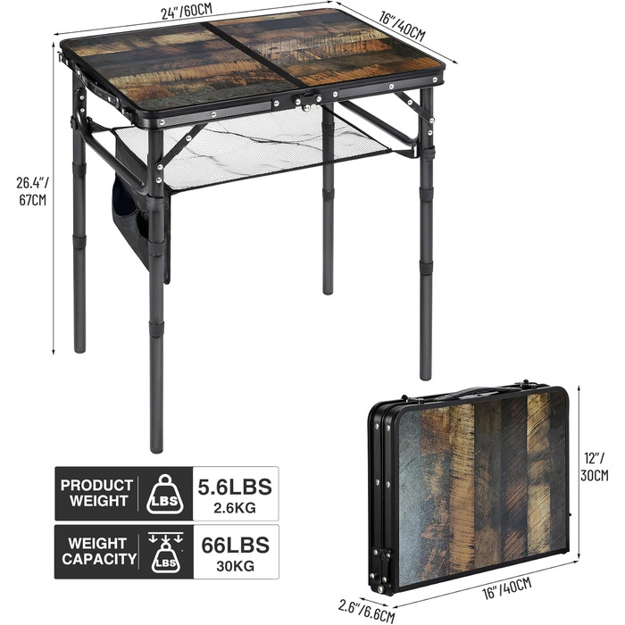 REDCAMP Складаний столик з регулюванням висоти, легкий портативний туристичний столик 60x40 см (4 положення) з сітчастою поверхнею, для дому та відпочинку на природі, балкона, ринку, кухні, темно-коричневий (під дереву, 60*40 см, 4 висоти)