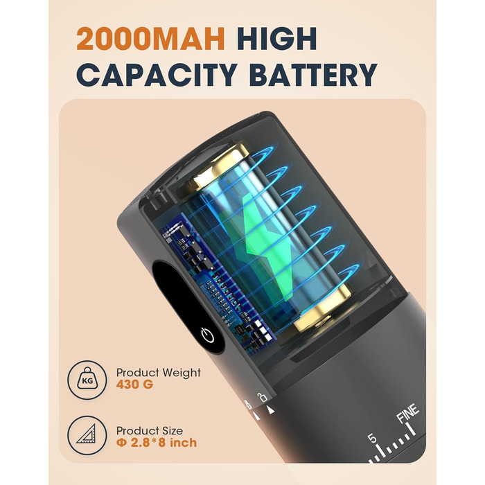 Портативна кавомолка з акумулятором 2000mAh, керамічний жорно, швидка малівка, 38 налаштувань, для подорожей та кемпінгу (сірий, новітня модель)