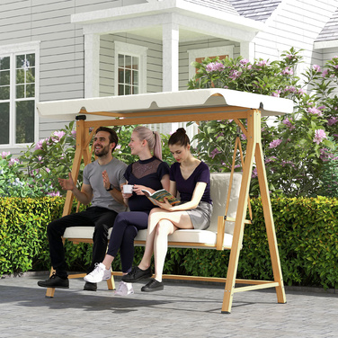 Outsunny Hollywood Swing with Adjustable Sun Canopy and Seat Cushion, Wood-Look 3-Seater Garden Swing, Load Capacity up to 330kg, Swing Bench for Garden, Terrace 198 x 120 x 170cm, Beige | Aosom
