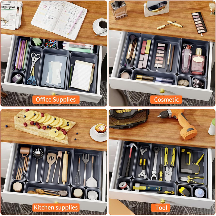45-Piece Drawer Organizer for Office with 3 Sizes, Vanity Makeup Organizer Drawer, Storage Desk Organizer Drawer System for Kitchen, Bedroom, Bathroom, Office, Grey (4 - Sizes, Grey (25-Piece))