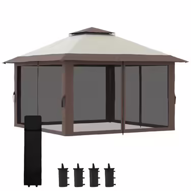 Outsunny Folding Gazebo 4x4m Garden Gazebo Adjustable Height with UV Protection & Mosquito Curtains, Double Roof in Beige for Garden Parties