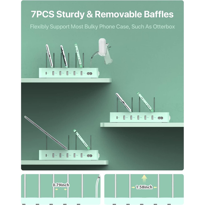 Зарядна станція SooPii USB 60W/12A, 6 портів, органайзер для декількох пристроїв з тримачем для Apple Watch, 6 кабелів для телефонів, планшетів та інших електронних пристроїв. Зелена