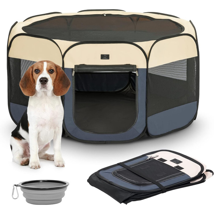 Клітка-вигул для цуценят та котів 4 Pet, складана, для дому та вулиці, з мискою, блакитно-біла