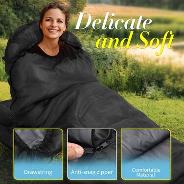 Спальний мішок для дорослих | 3 сезони | Ультралегкий 1400г | Водостійкий, компактний | Мумієподібний для кемпінгу, походів, відпочинку на природі. Чорний