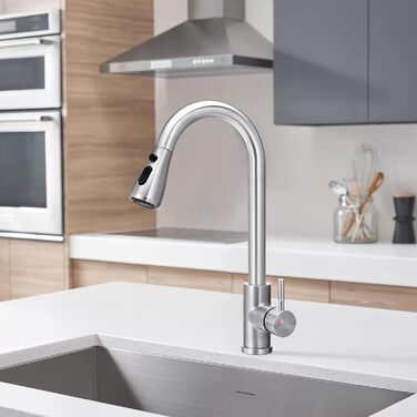 Крановий змішувач для кухні з висувною лійкою, високий поворотний кран з одним важелем, нержавіюча сталева кухонна мийка з шлангами