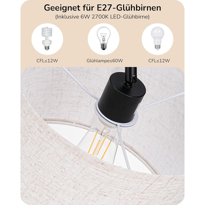 Стельова лампа EDISHINE для вітальні 160 см, аркова лампа сучасний дизайн з регульованим абажуром з льону, LED E27, чорний колір, для спальні, дитячої кімнати