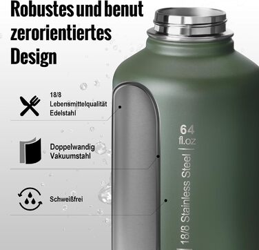 OneTigris Stainless Steel Water Bottle, 1.9L High Capacity, Insulated Sports Bottle for Bicycle, Camping, Yoga, Gym, Softair, OD Green, 64oz