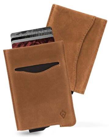 Криза картковий з RFID захистом та подарунковою коробкою – Мінімалістичний гаманець для чоловіків – Компактний портмоне з безконтактним захистом (Alpha Collection) (13. Світло-коричнева шкіряна випуск)