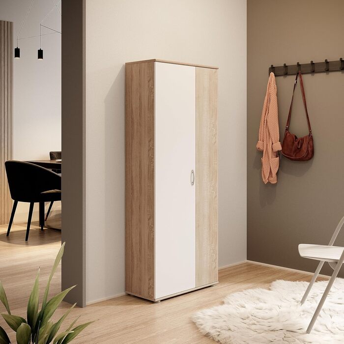 Stella Trading 3 Shoe Cabinet Tall, White - Versatile Multi-Purpose Cabinet with Adjustable Shelves - 70 x 176 x 35 cm (W/H/D) (Sonoma Oak / White)