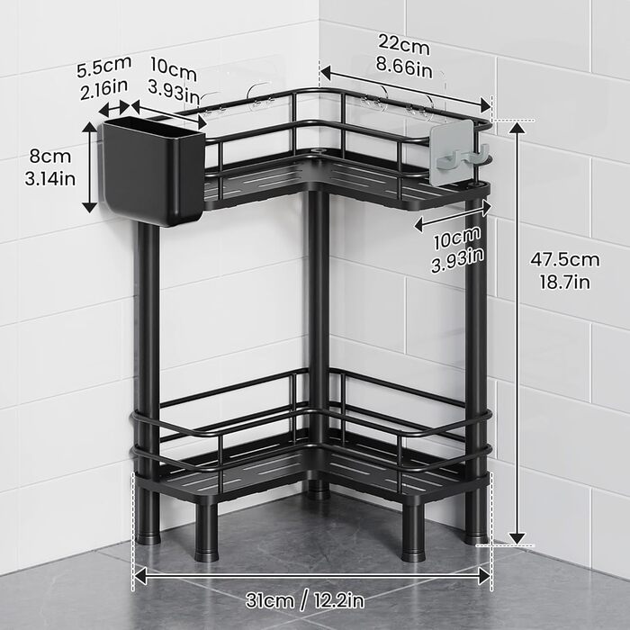 Набір з 3 полиць для душу Orimade, нержавіюча сталь, кутова, без свердління, чорний колір