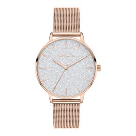 Годинник наручний Tamaris для жінок, кварцовий, аналоговий, 36 мм, з браслетом з нержавіючої сталі, блискітки, 3 ATM водостійкий, рожеве золото, сітчате/блискуче циферблат