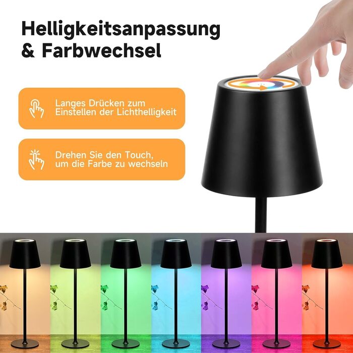 Бездротові LED-лампи настільні, перезаряджаються, 2 шт., 3000K, RGB, USB-C, 5500mAh, вологостійкі, чорні