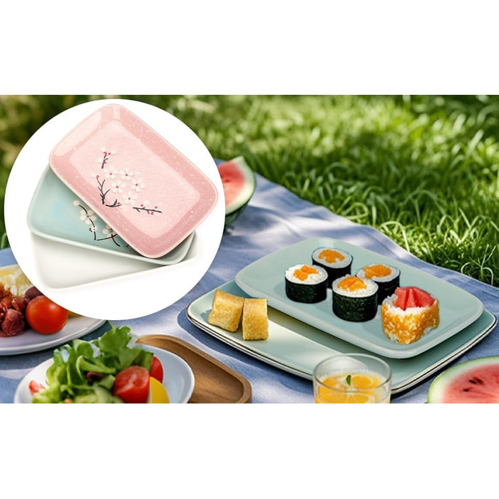 Набір для суші Exzact (10 шт.) – 2 тарілки, 2 миски для соусу, 2 підставки під столові прилади, 2 пари паличок для їжі – високоякісний фарфор, у подарунковій коробці – блакитний колір