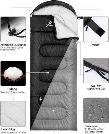 Сплячий мішок Outdoor Sportneer для дорослих та дітей - легкий спальний мішок для кемпінгу, походів та рюкзакових подорожей 220x75 см, чорний+сірий