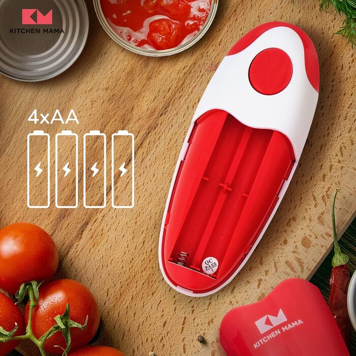 Електричний консервний ніж Kitchen Mama Auto 2.0, автоматичний, батарейковий, нержавіюча сталь, гладкий зріз, для всіх банок, червоний