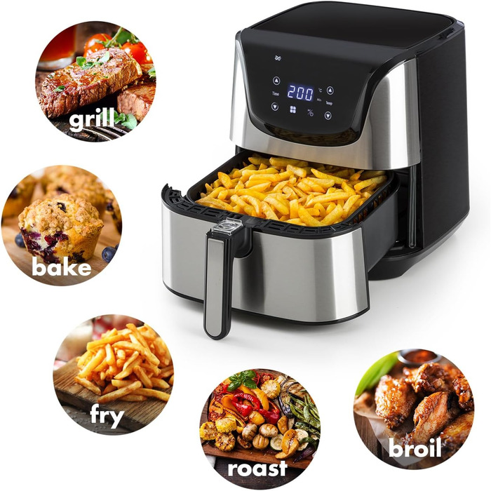 Klarstein Aero Vital deluxe - Hot Air Fryer, Deep Fryer, 1700 Watts, 5.4 Liter Volume, LCD Touch Display, 8 Pre-installed Programs, Stainless Steel, Thermostat, Timer, Energy-Saving, Silver Stainless Steel Hot Air Fryer