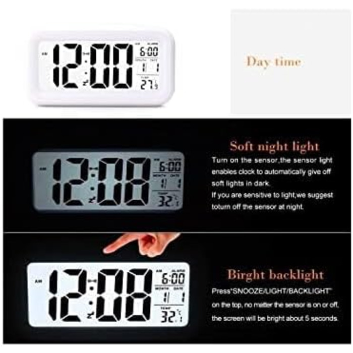 Цифровий будильник з LED-дисплеєм, температурою та великим LCD-екраном (чорний)