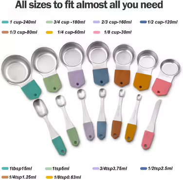 EDELIN Magnetic Measuring Cup and Spoon Set, Stainless Steel, 7 Cups and 6 Spoons with 1 Leveler, 18/8 304 Stainless Steel (Multicolor, 14 Sets)