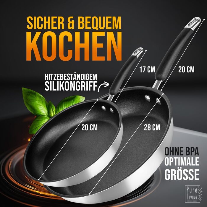 Набір сковорідок з нержавіючої сталі для всіх типів плит 20см та 28см з антипригарним покриттям - 10 років гарантії, ергономічні ручки, рівномірний розподіл тепла, придатні для миття в посудомийній машині та використання в духовці - Набір сковорідок 28см+