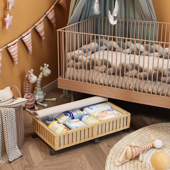 Контейнери для зберігання під ліжком з бамбука, 2 шт, великі, для ковдр, одягу, взуття, органайзер для спальні, дитячої кімнати, з роликами, Nature 2 шт (33.07'×16.54')
