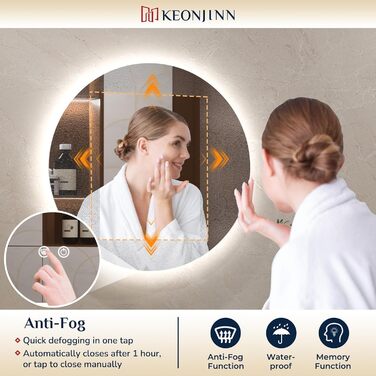 Дзеркало для ванної кімнати Keonjinn кругле, 60см з підсвічуванням, антизапар, сенсорне управління, пам'ять, 3 кольори світла, регулювання яскравості, LED, без рамки