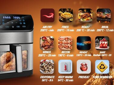 Електрична фритюрниця LEHMANN 6L з прозорим вікном, 1500 Вт, 12 програм, регулювання температури 76-200°C, таймер, LED-дисплей, фритюрниця без олії для приготування на грилі, випікання та смаження