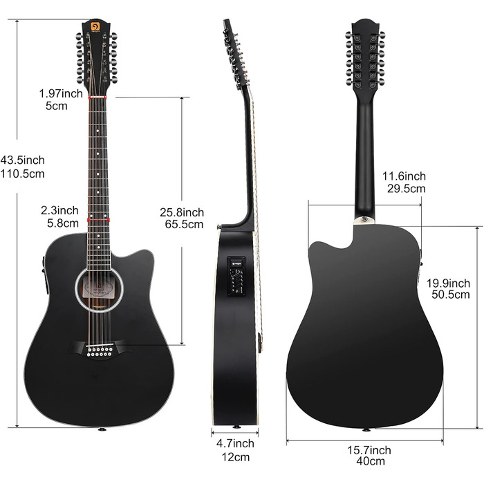Електроакустична гітара Vangoa 41 дюйм, 12-струнна, чорна, з підсилювачем та 4-х смуговим еквалайзером