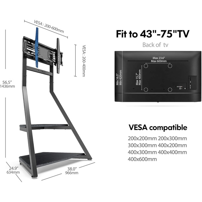 FITUEYES Rolling TV Stand - Mobile TV Stand with Wheels for 43-75 inch Flat & Curved TVs - Height Adjustable, Swivel, Tilt, Eiffel Series Black