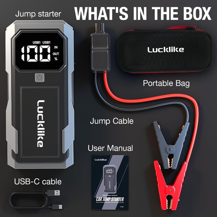Powerbank для запуску двигуна Lucklike: 3000A, LED-ліхтарик, для авто та мото (до 8.0L бензин/7.0L дизель)