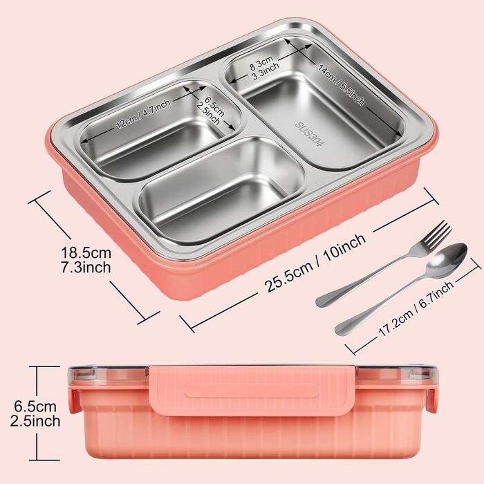 Металева ланчбокс для дітей 900 мл з 3 відділеннями, Bento Lunch Box, без BPA, для школи, дитячого садка, офісу та в дорогу