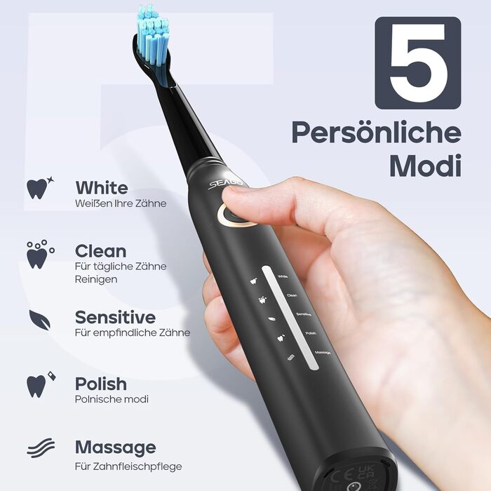 Електрична звукова зубна щітка Seago SG-958 (біла), 40000 VPM, 5 режимів, 8 насадок, USB-зарядка