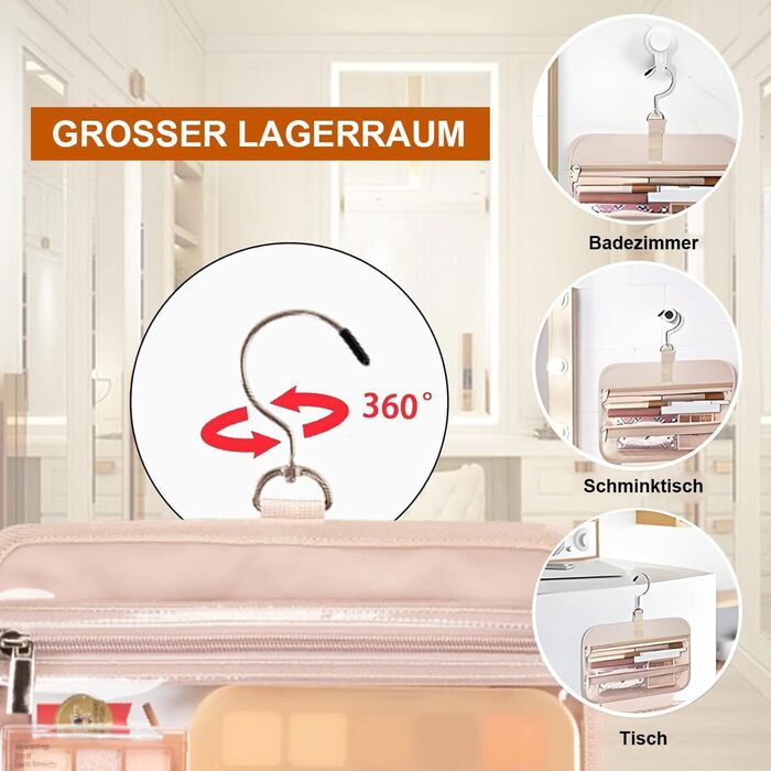 Косметичка для жінок, дорожня косметичка з можливістю підвішування, прозора косметичка для макіяжу та туалетних аксесуарів, рожева