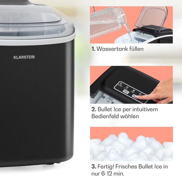 Klarstein Ice Maker - 12kg/24h, 2 sizes, 1.3L water tank, LED displays, transparent lid, portable, ice cube maker for parties/garden events (Black)