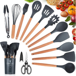 Набір кухонних аксесуарів KagoLing: 13 предметів з силікону з дерев'яними ручками (сірий)
