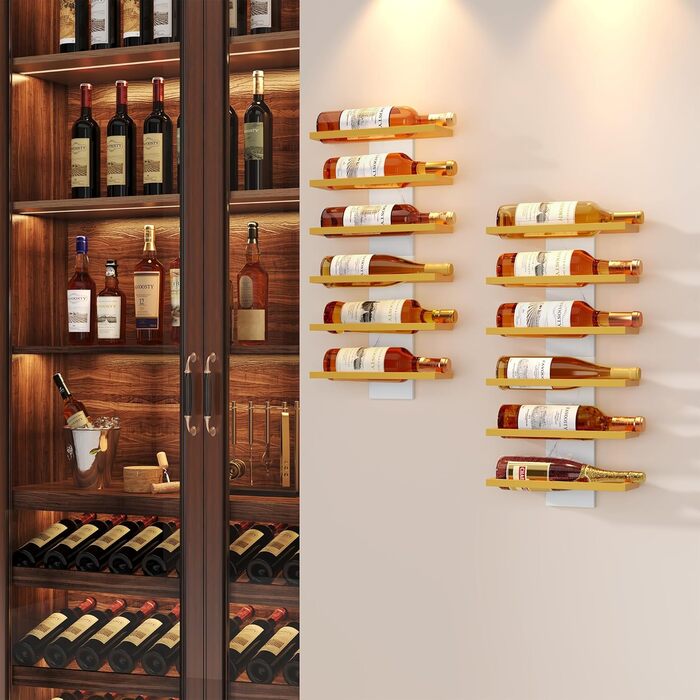 Настінна полиця для вина FAVOOOSTY з 3 рівнями, металева, для 6 пляшок, золота