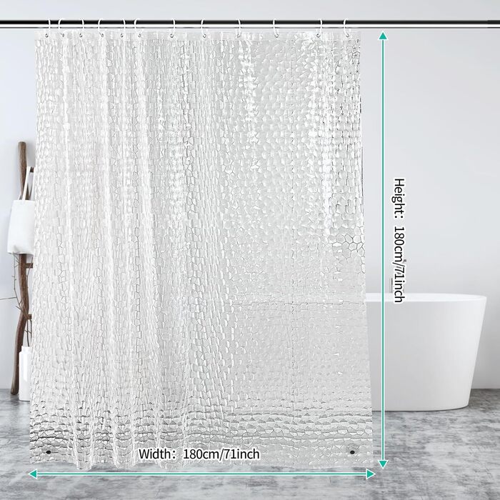 Шторка для душу OTRAKI 200x200 см, антигрибкова, EVA, прозора, без PVC, екологічна, з кільцями, водонепроникна, напівпрозора