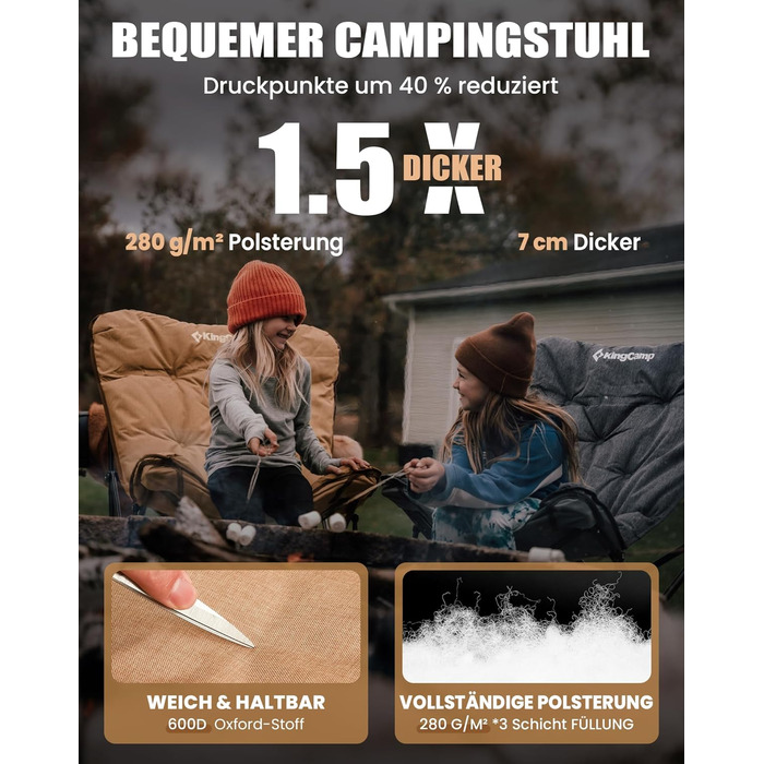 Складний туристичний стілець KingCamp XXL з підлокітниками та сумкою для кемпінгу, відпочинку на природі, саду, балкону та пляжу (Хакі)