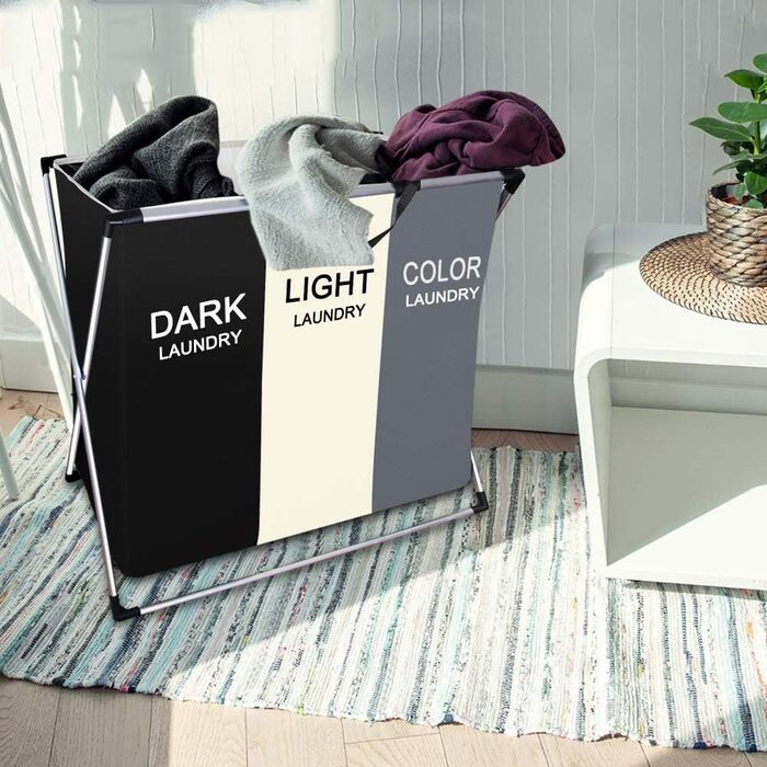 UHAPEER Laundry Basket 3 Compartments Large Foldable Dirty Clothes Basket Waterproof Laundry Collector Space Clothes Classification Light/Dark/Dyed (68 * 38 * 60cm, 3 Compartments)