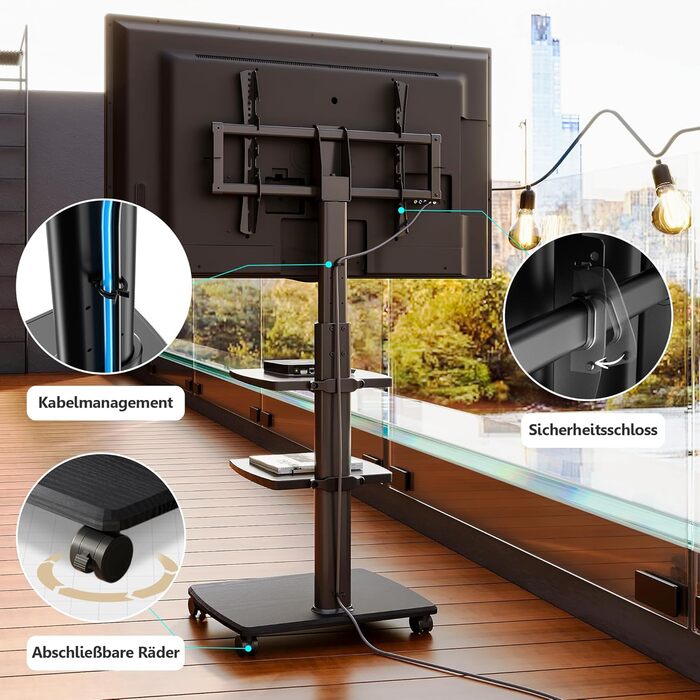 FITUEYES Rolling TV Stand with 3 Shelves - Adjustable Height & Swivel - Fits 32-70 Inch TVs (up to 40kg) - VESA 400x600 - White/Black