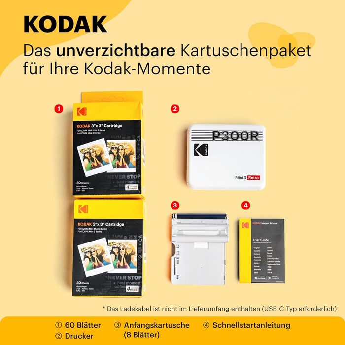 Фотопринтер KODAK Mini 3 Retro: портативний друк 7,6x7,6 см + 68 аркушів, чорний