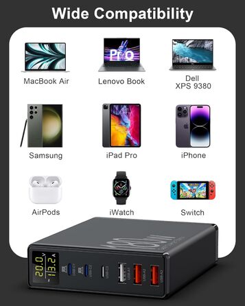 Зарядний пристрій USB 6 портів з LCD екраном, GaN швидка зарядка USB-C, сумісний з MacBook, iPad, iPhone 16/15/14/Pro/Max, Samsung Galaxy S23 (Чорний)