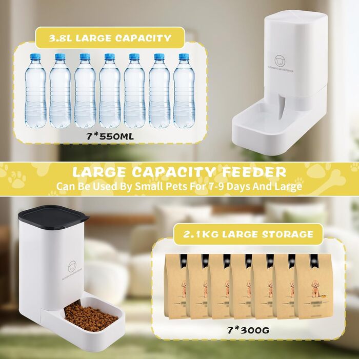 Автоматичний годівниця для котів, 2.1 кг, годівниця та диспенсер води для собак 3.8 л, без електромережі, без PBA, для подорожей, білий