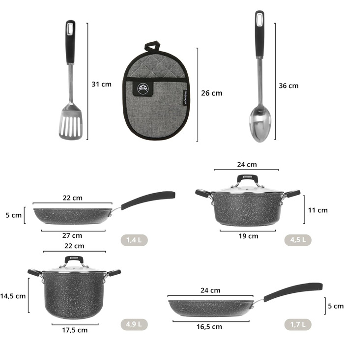 Набір посуду KASANOVA New Petra: каструлі та сковорідки з антипригарним покриттям для індукційних та газових плит, духовки до 180°C, з захистом ручок та нержавіючою ложкою