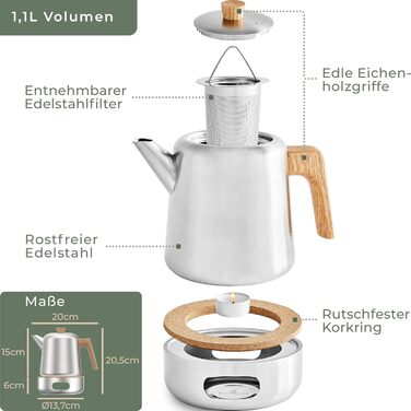 WALDWERK Teapot with Infuser - Teapot Thermal Double-Walled - Teapot with Strainer Made of 304 Stainless Steel - Tea Maker with Real Oak Wood Handles - Tea Pot 100% Drip-Free (Teapot with Lid)
