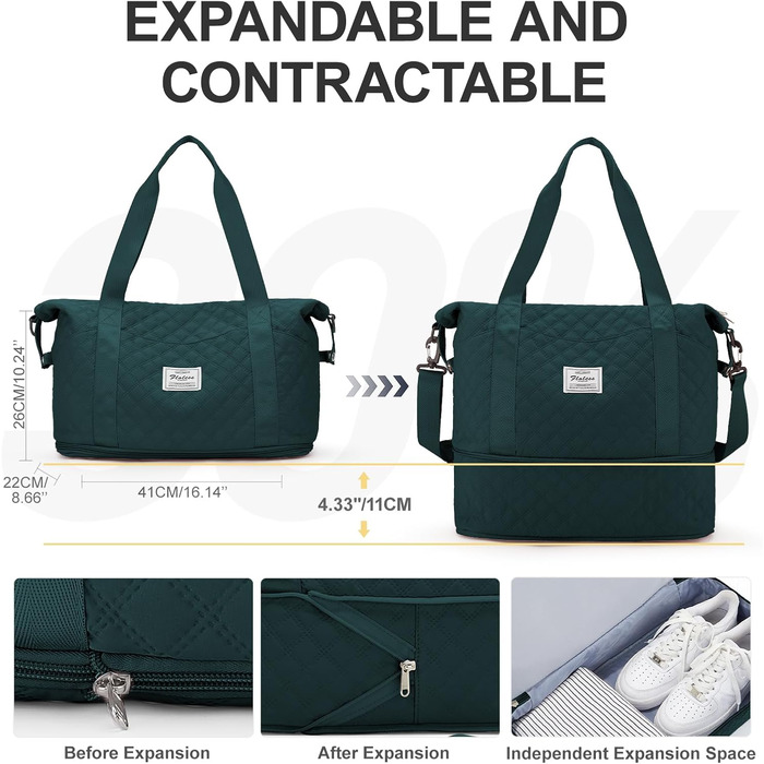 Спортивна сумка для жінок, дорожня сумка-дуфіль, фітнес-сумка, дорожня сумка-валіза, водонепроникна, з кульбакою та сумочкою для мокрих речей, бежева (F8-pfauenblau), з розширенням та кульбакою