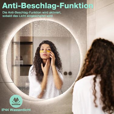 Круглий дзеркало для ванної кімнати з підсвічуванням, 80 см, 3 кольори світла, диммування, антизапар, сенсорне управління, функція пам'яті, LED, енергозбереження