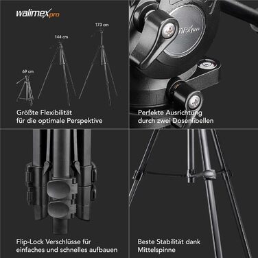 Відеоштатив Walimex pro Advanced 173 SH для DSLR камер, камкордерів та смартфонів, макс. навантаження 4 кг, з тримачем для телефону та сумкою